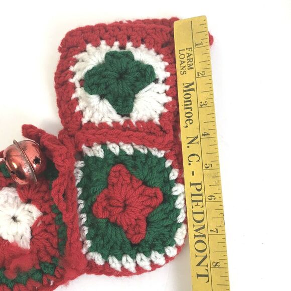 Granny Square Christmas Stocking With Bell Red Green White Handmade Crochet Gift - Picture 3 of 4